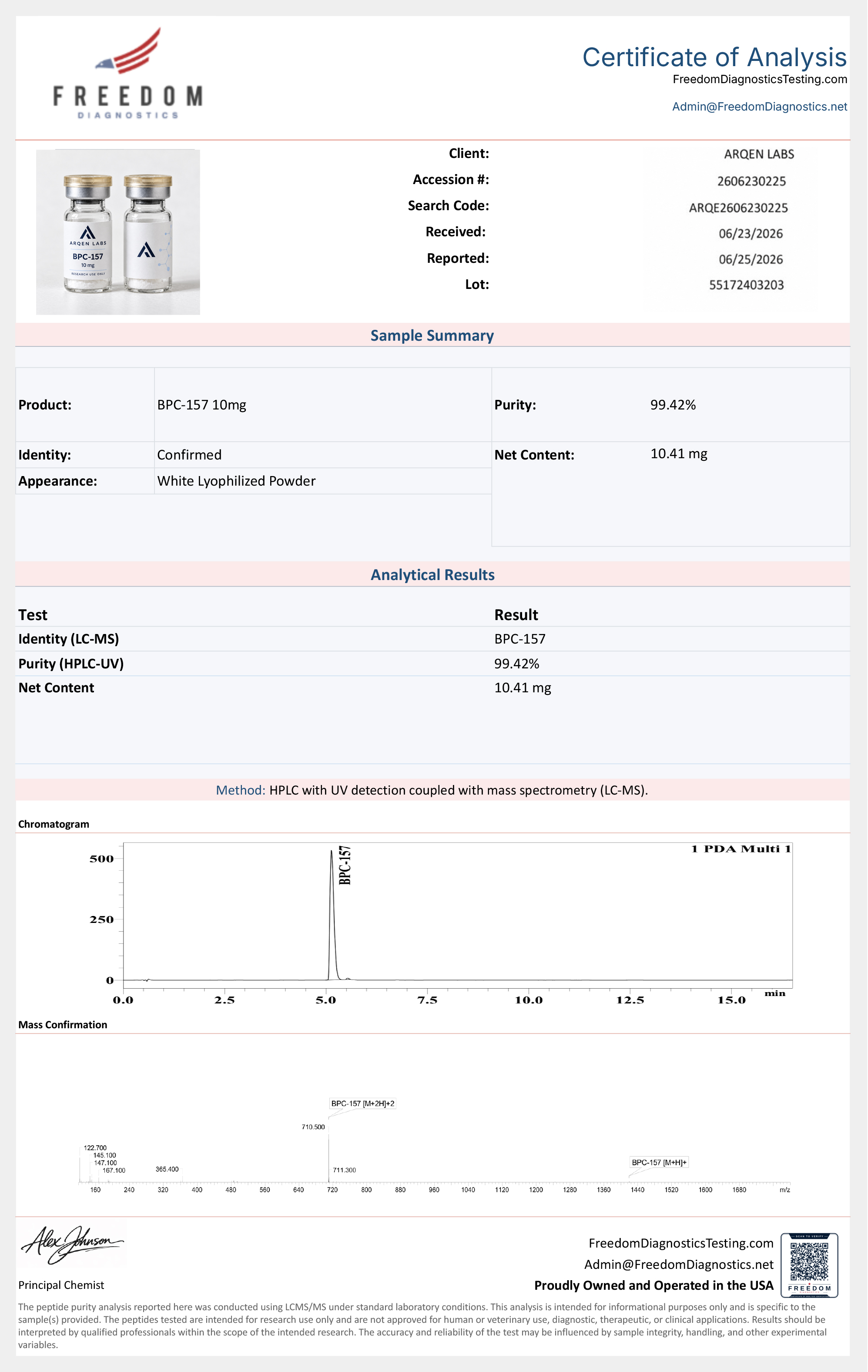 Supplied report: BPC-157 — 10 mg