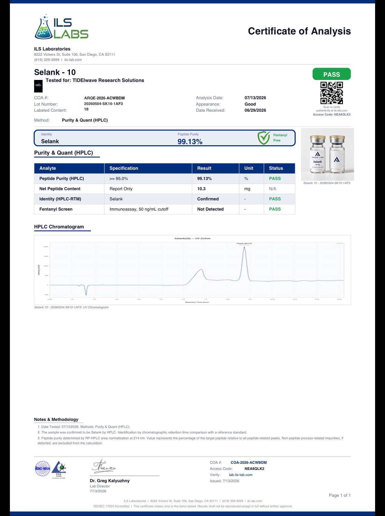 Supplied report: Selank — 10 mg