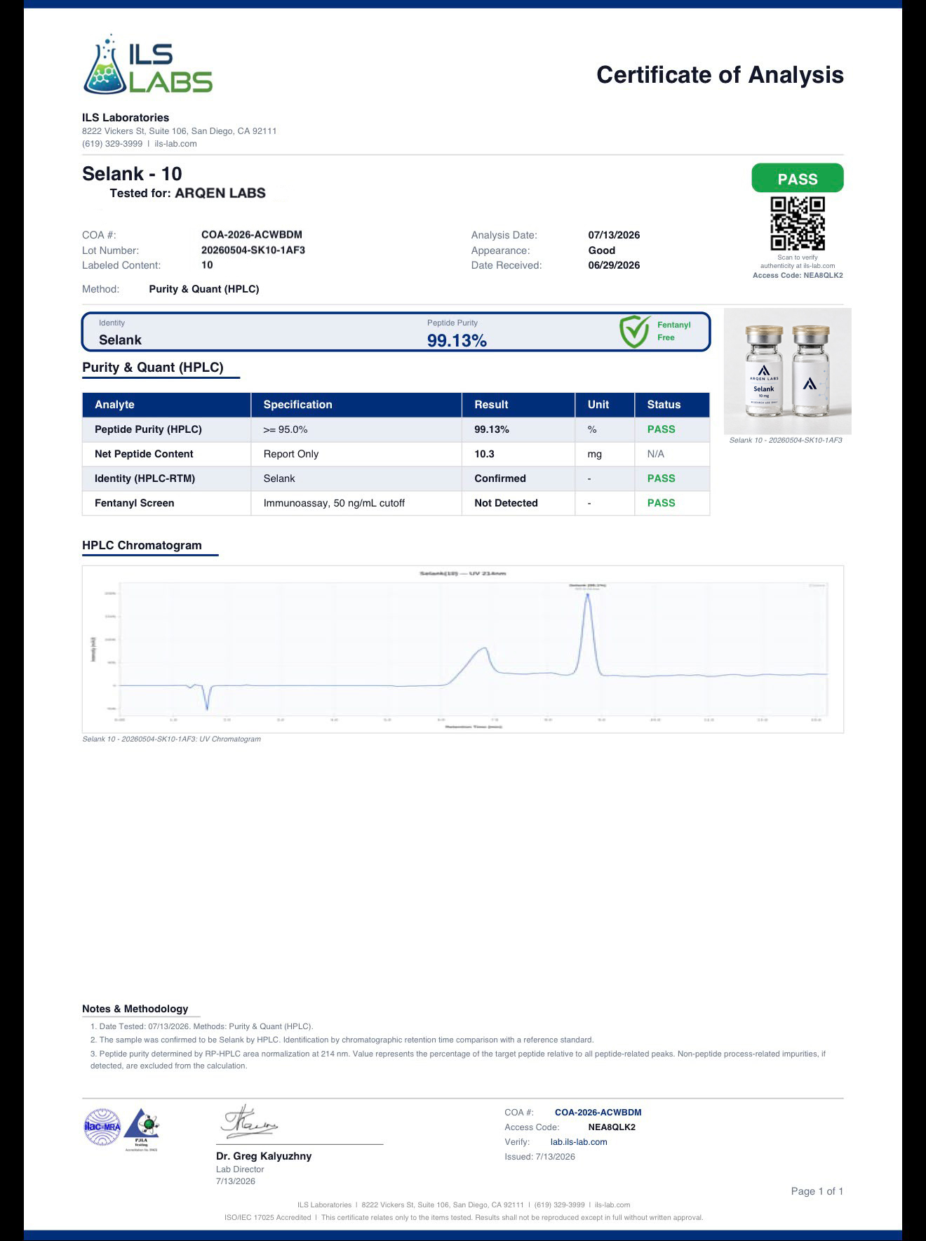 Supplied report: Selank — 10 mg