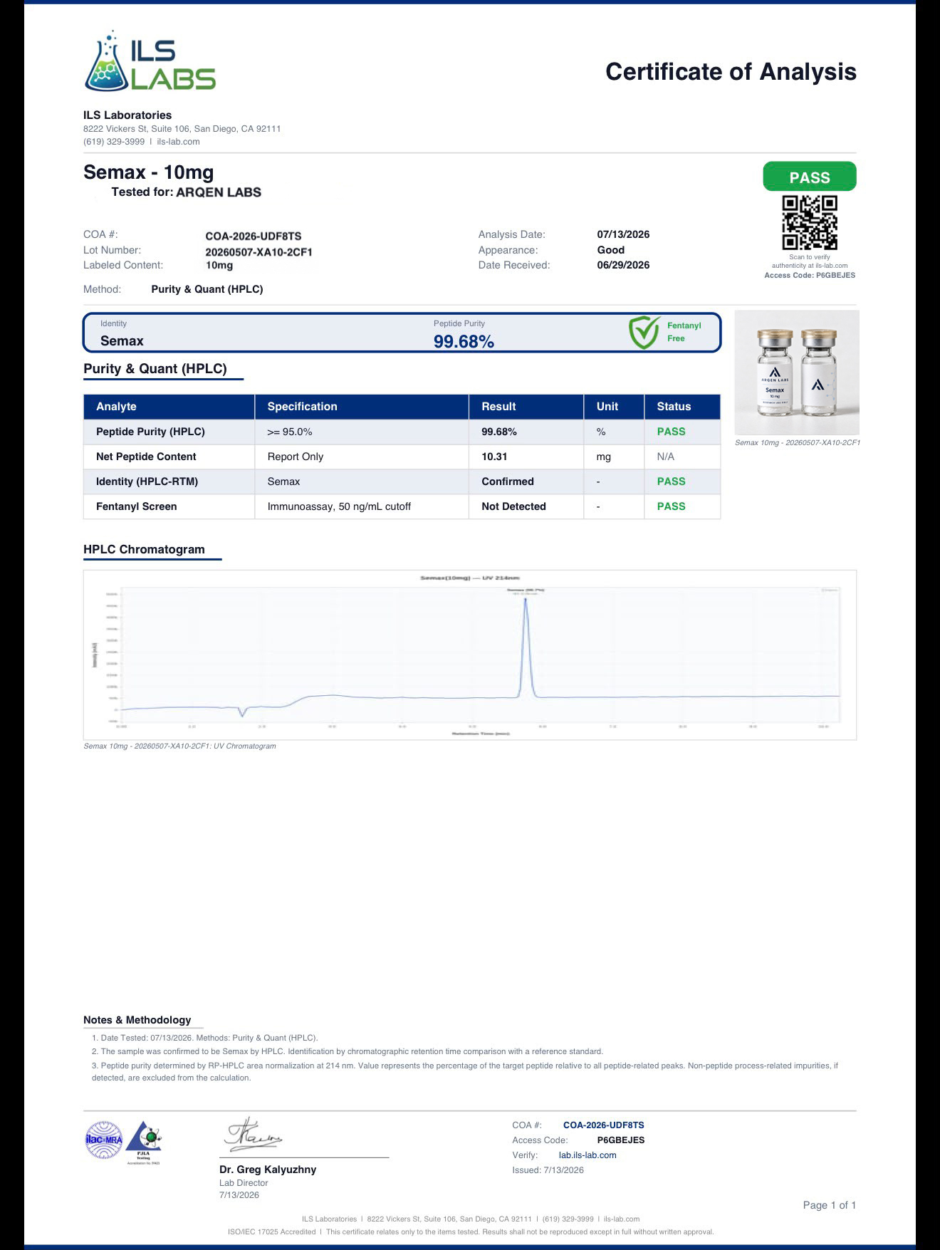 Supplied report: Semax — 10 mg